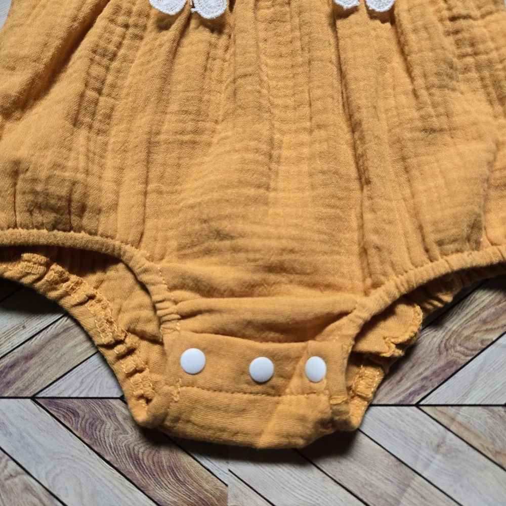 Mustard Yellow Baby Romper White Floral Crochet Detail Boho Summer Outfit 12-18M